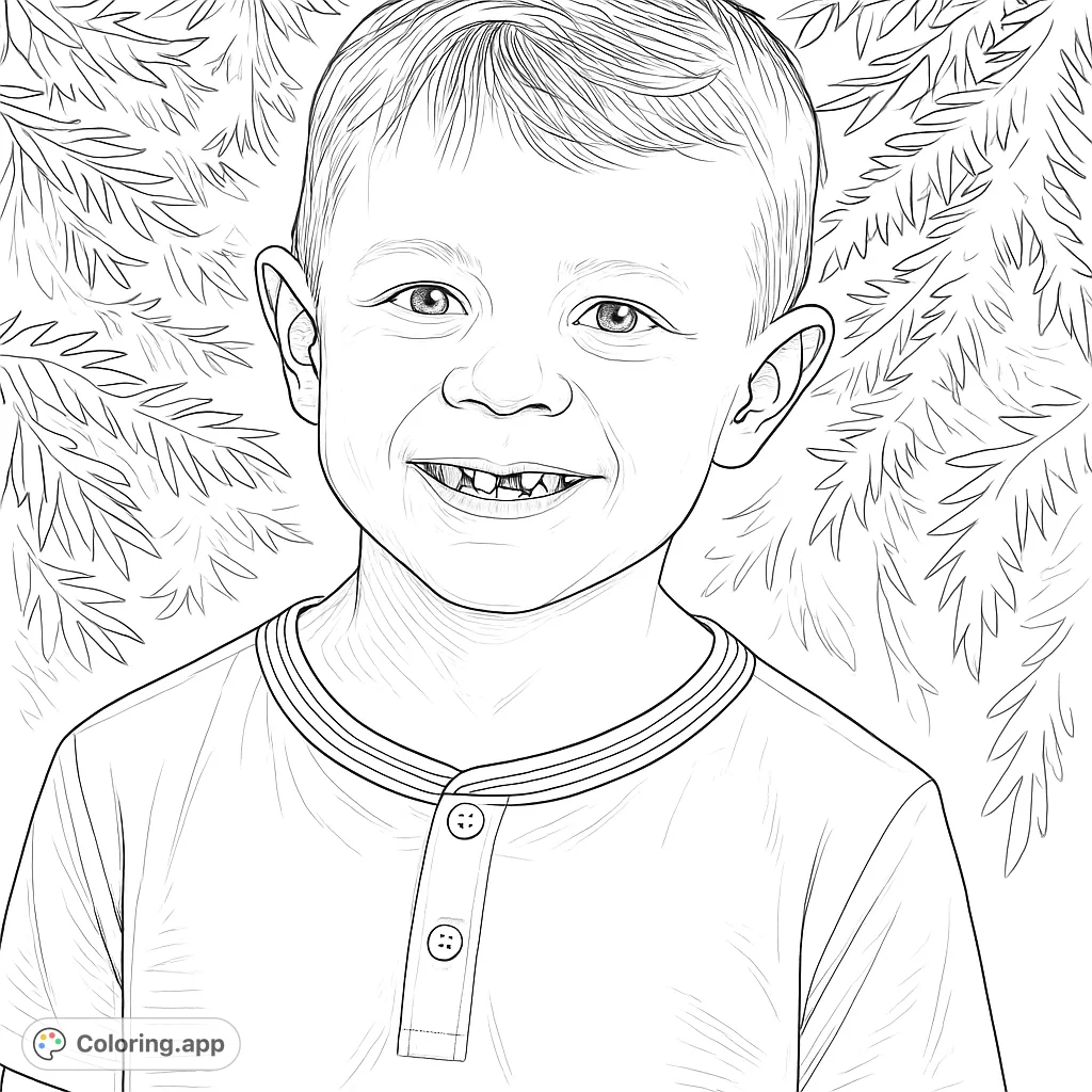 Capture a moment of pure childhood joy with this charming coloring page featuring a smiling boy showing off his missing front tooth against a natural backdrop.