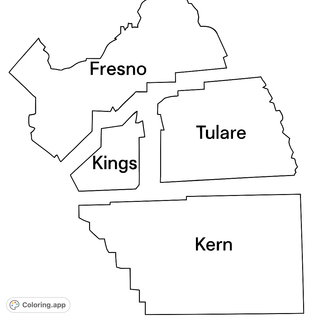 An educational coloring page featuring a map of Fresno, Tulare, Kings, and Kern counties. Perfect for learning geography and exploring regional shapes.