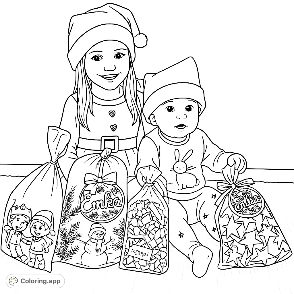 A cheerful holiday scene with two children in festive hats, surrounded by a pile of uniquely wrapped gifts and sweet treats. Perfect for spreading festive joy.