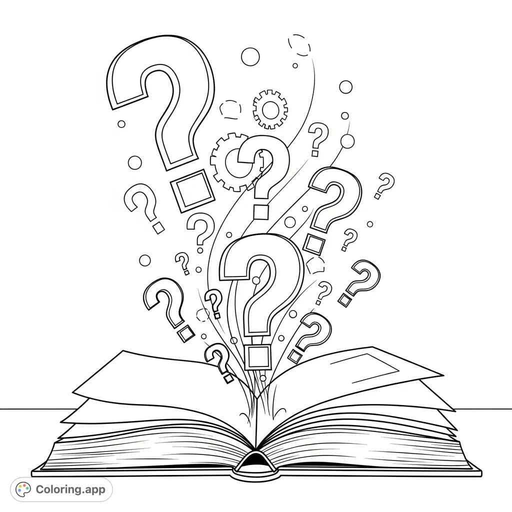 Explore curiosity and knowledge with this open book coloring page. Filled with question marks and symbols, it's perfect for imaginative minds.