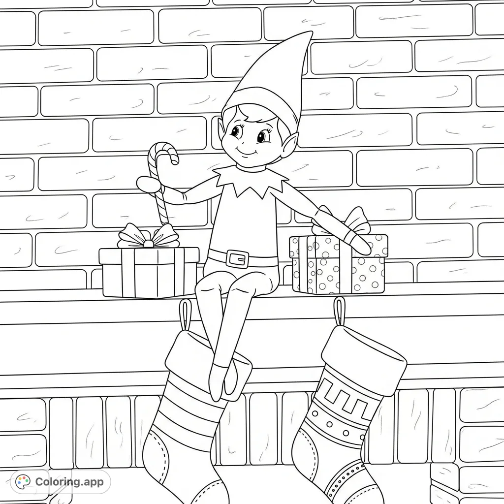 Capture the magic of Christmas morning with a charming elf on a shelf coloring page. This free printable features a playful elf amidst festive gifts and stockings.