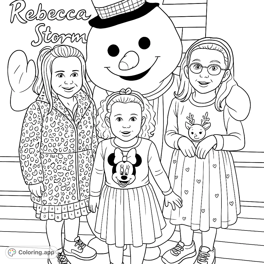 A joyful winter scene featuring three smiling girls posing with a cheerful snowman mascot. Perfect for a festive holiday coloring page, celebrating friendship and seasonal fun.