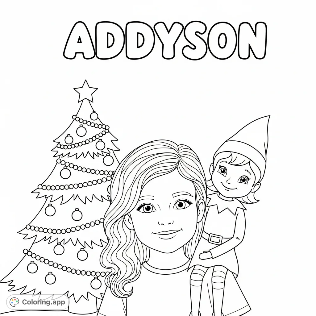 A delightful Christmas scene featuring a smiling girl, Lara, with an Elf on the Shelf on her shoulder, a festive tree, and the name 'Addyson' in bubble letters.
