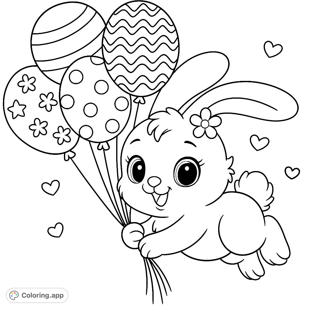 A sweet bunny flies high, clutching a joyous bundle of patterned balloons, surrounded by floating hearts. A delightful scene for creative expression!