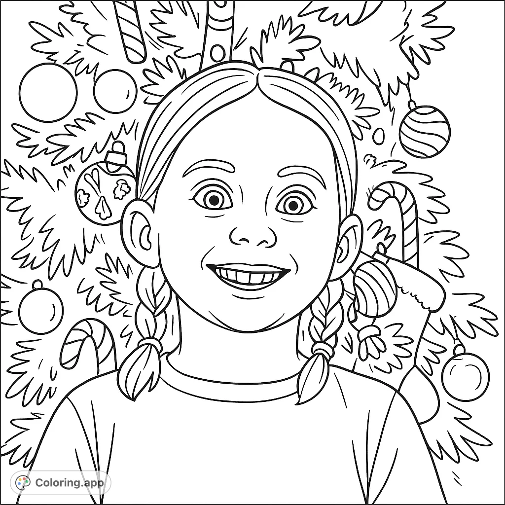 A joyful child with pigtails smiles broadly in front of a heavily decorated festive tree, featuring various ornaments. Perfect for holiday cheer.