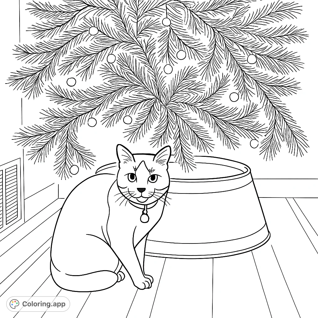 A charming cat sits by a festive, illuminated tree, inviting a cozy holiday coloring experience. Perfect for adding your own touch of joy.