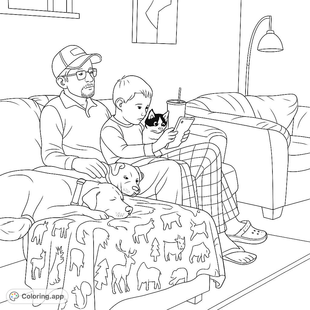Capture a heartwarming scene of a family relaxing with their beloved pets in a cozy living room. Perfect for animal lovers and mindful coloring.