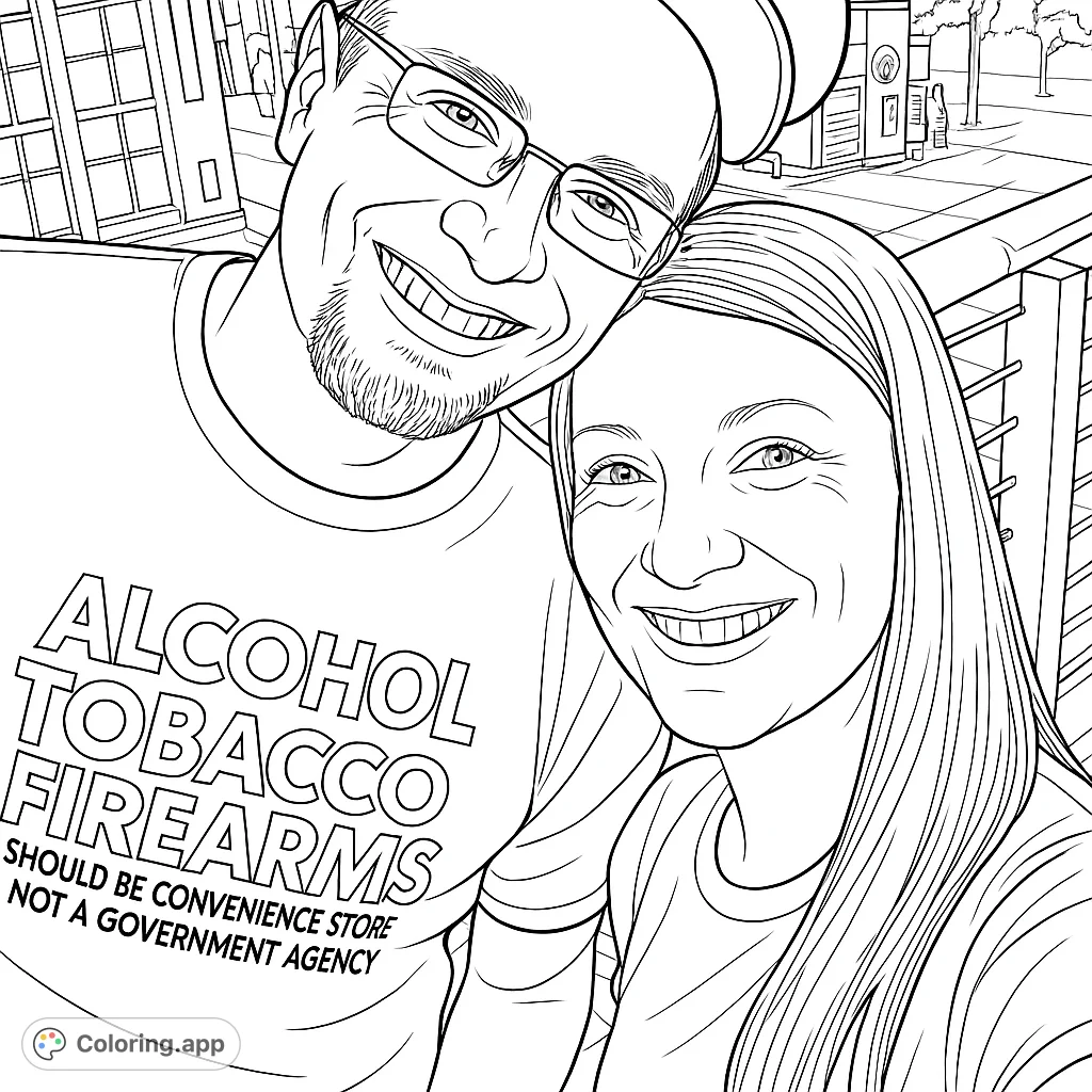 A joyful couple shares a smiling selfie against an urban backdrop, featuring a man's unique statement shirt. Perfect for personal expression.