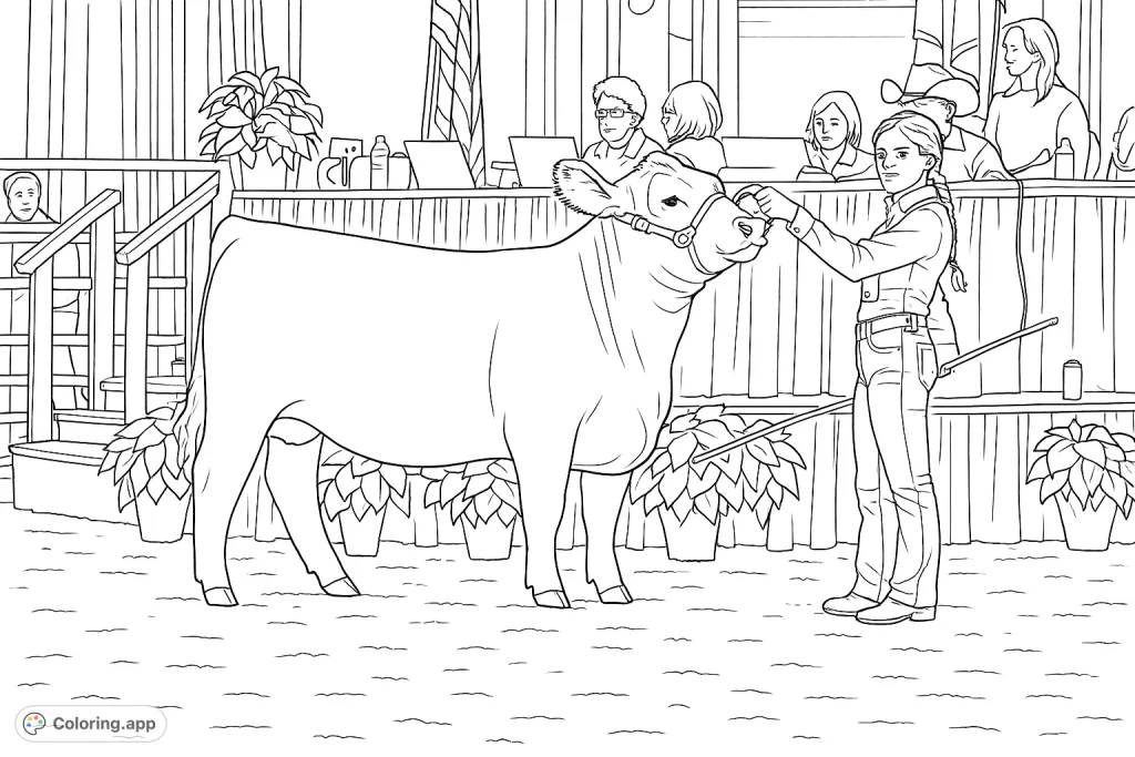 A youth exhibitor proudly presents her bovine in a show ring, surrounded by draped tables and leafy plants. Perfect for farm animal and agriculture enthusiasts.