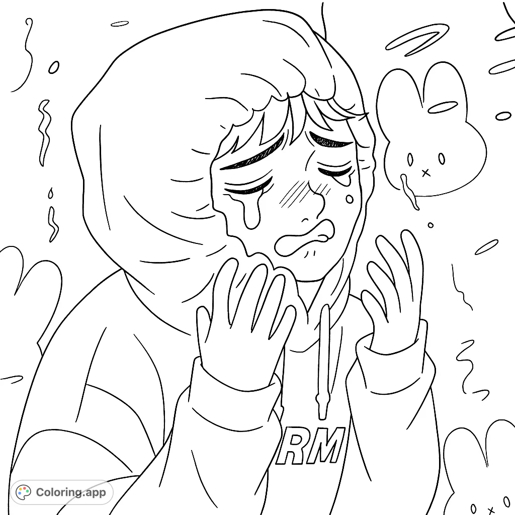 Color a touching scene featuring a character in a large hoodie with a tearful expression and expressive hands, surrounded by whimsical background elements.