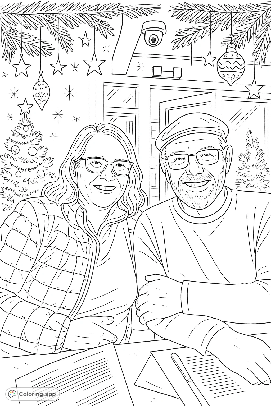 Celebrate the season with this festive couple Christmas coloring page! A free printable artwork for adults, featuring a joyful pair enjoying a holiday meal.