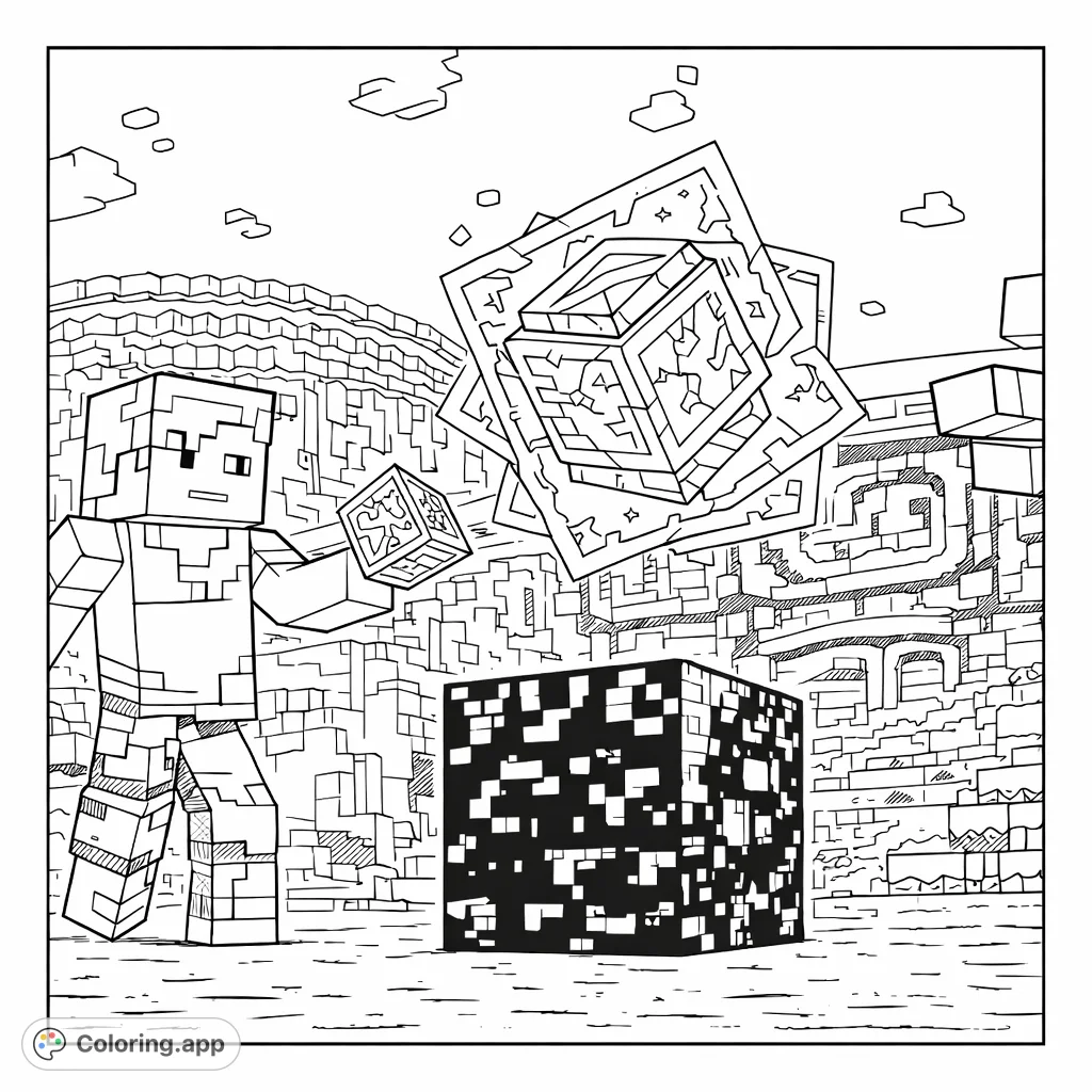 Dive into a blocky world adventure! This Minecraft-inspired coloring page features a character, textured blocks, and floating elements against a pixelated landscape.