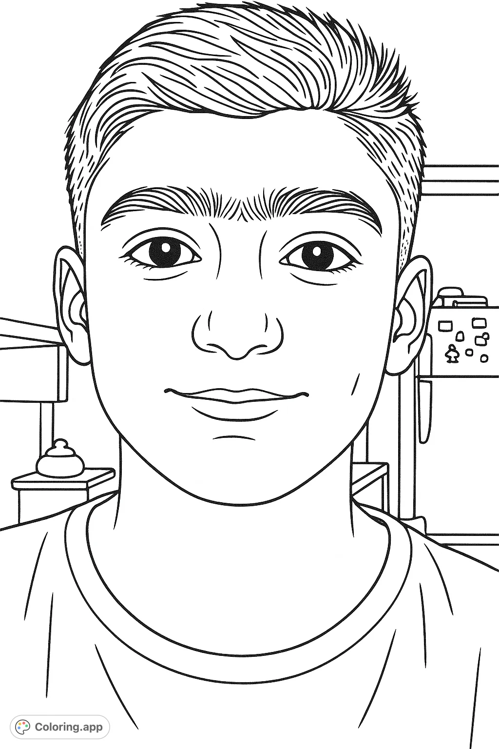 Capture the essence of youth with this realistic boy's portrait coloring page. A free printable featuring a gentle smile and expressive features for all to enjoy.