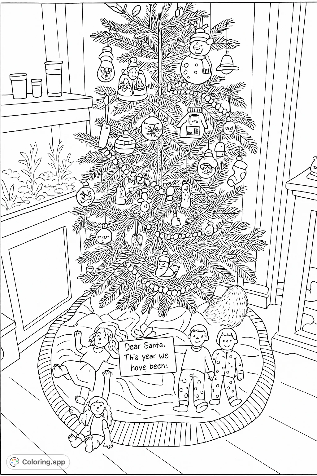 A delightful holiday tree adorned with numerous ornaments and tinsel, surrounded by a striped skirt and playful figures, creating a whimsical festive scene.