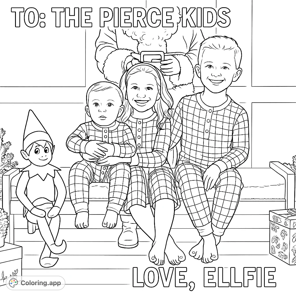 Festive scene with three children in patterned sleepwear, an elf, and gift boxes. A delightful holiday design for coloring fun and family joy.