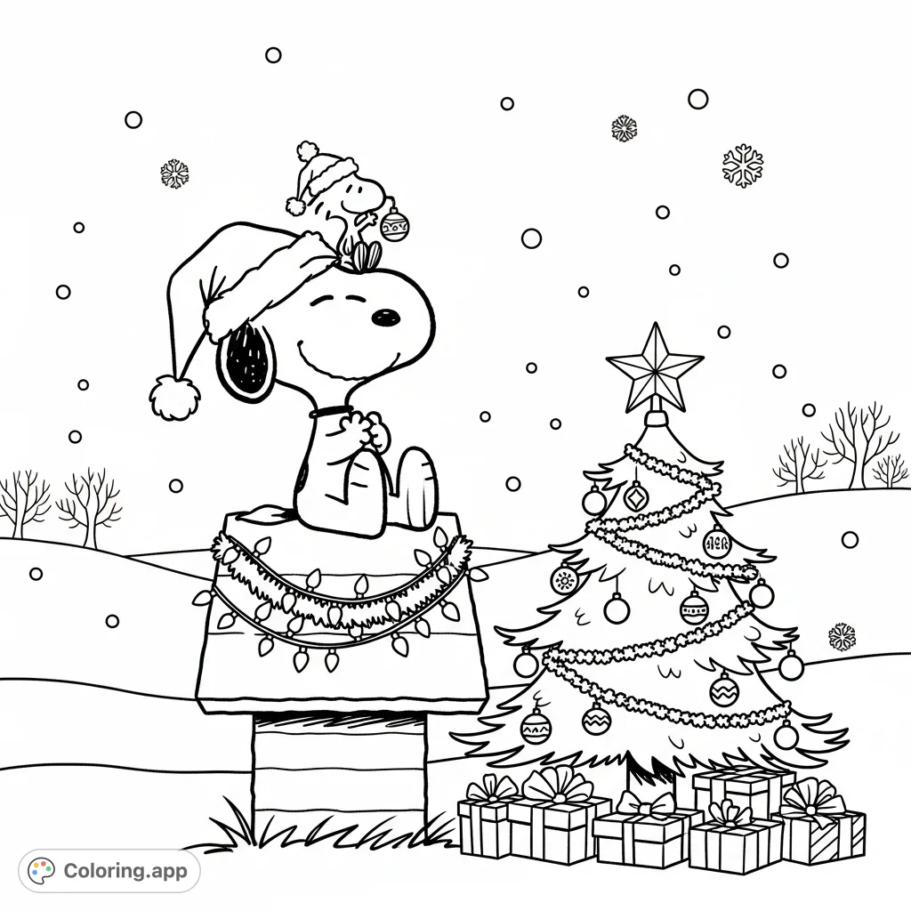 Join Snoopy and Woodstock in a festive winter wonderland! This delightful Christmas coloring page features a decorated doghouse, a tree, and holiday cheer.