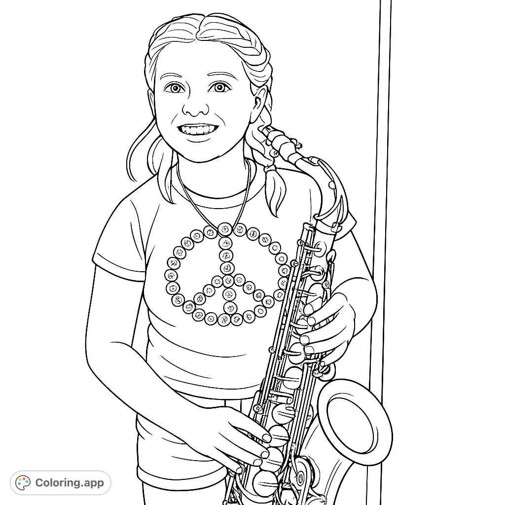 Capture the joy of music with this free printable saxophone player coloring page! A smiling girl holds her instrument, ready for artistic expression.