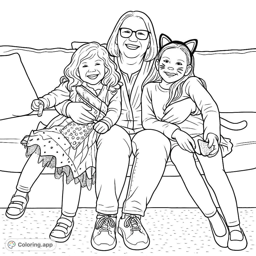 A heartwarming Halloween scene featuring a grandparent and two costumed children, one as a cat and the other in a festive patchwork outfit.