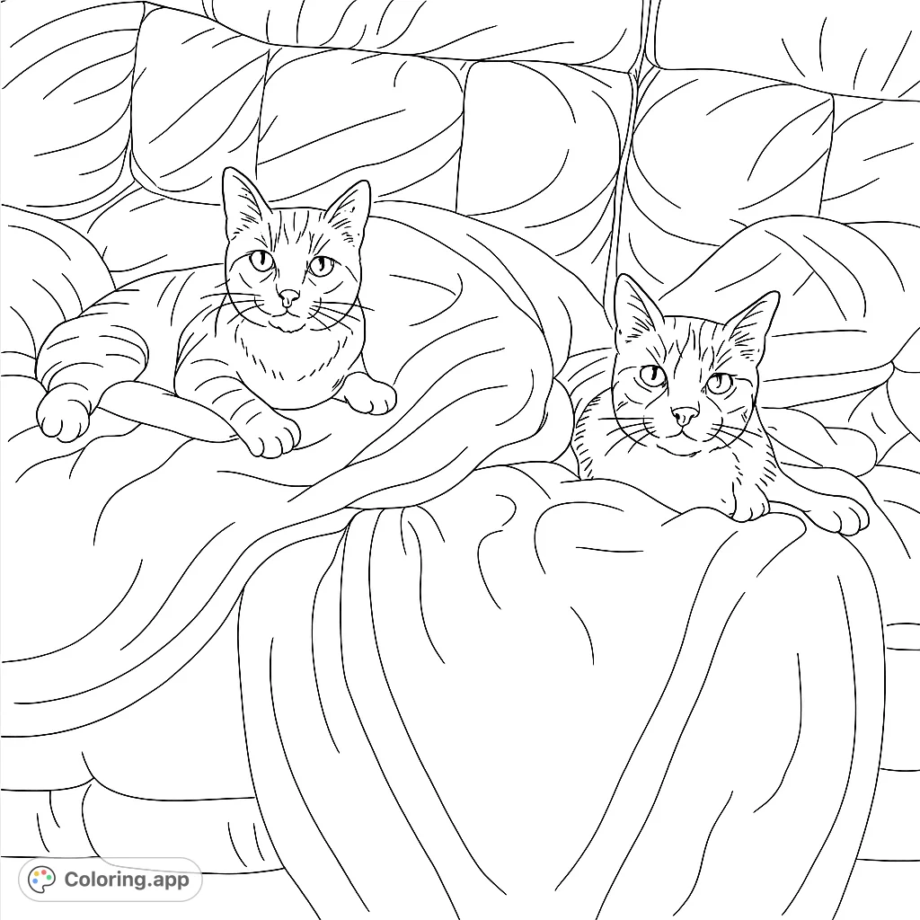 Two adorable cats relax on a plush blanket atop a comfy couch. This cozy scene offers a delightful coloring experience for animal lovers of all ages.
