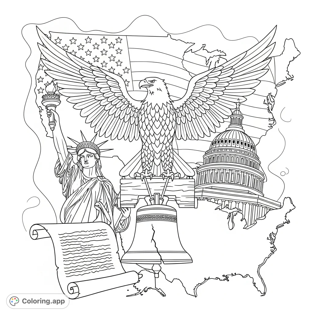 Explore a rich tapestry of American history through iconic symbols like the Statue of Liberty, Bald Eagle, and Liberty Bell in this engaging coloring page.