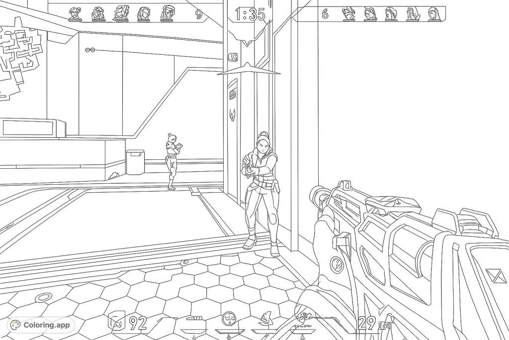 Color a dynamic scene featuring futuristic agents in tactical gear, a detailed weapon, and an angular sci-fi environment with geometric floor patterns.