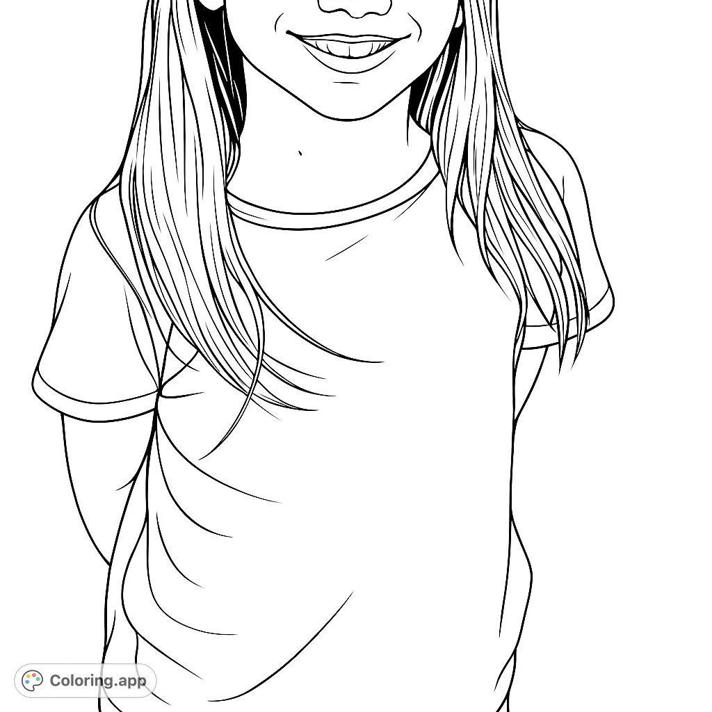 A serene outline of a young person wearing a plain short-sleeved, round-neck top with long flowing hair. Perfect for personalizing with creative patterns and details.
