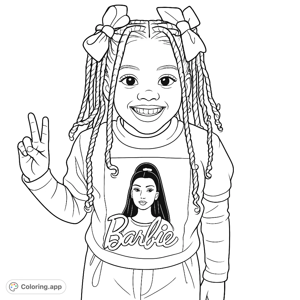 A cheerful child with braided pigtails and bows, wearing a graphic t-shirt, poses with a joyful smile. Perfect for young aspiring artists!