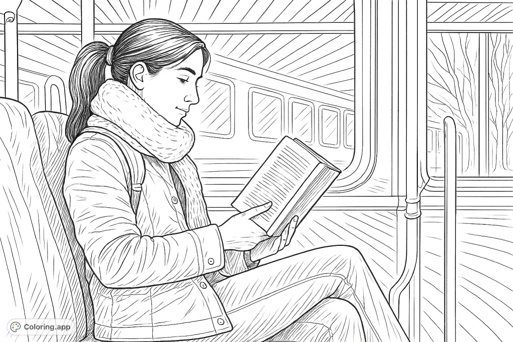 Immerse yourself in this realistic reading woman coloring page featuring a woman engrossed in a book on public transit. Details enhance a storybook feel.