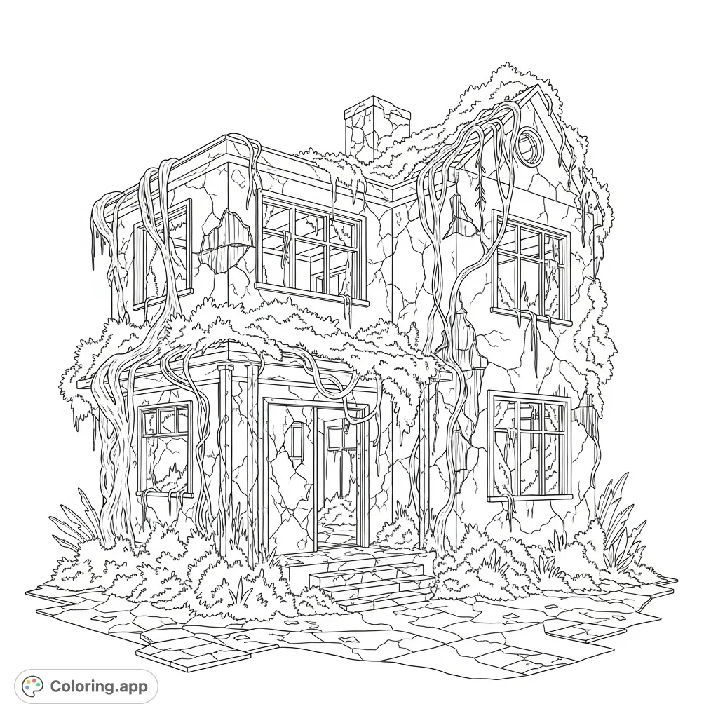 Explore a desolate post-apocalyptic dystopian scene featuring a ruined home with cracked walls and abundant overgrown vegetation. A captivating, free printable coloring page.