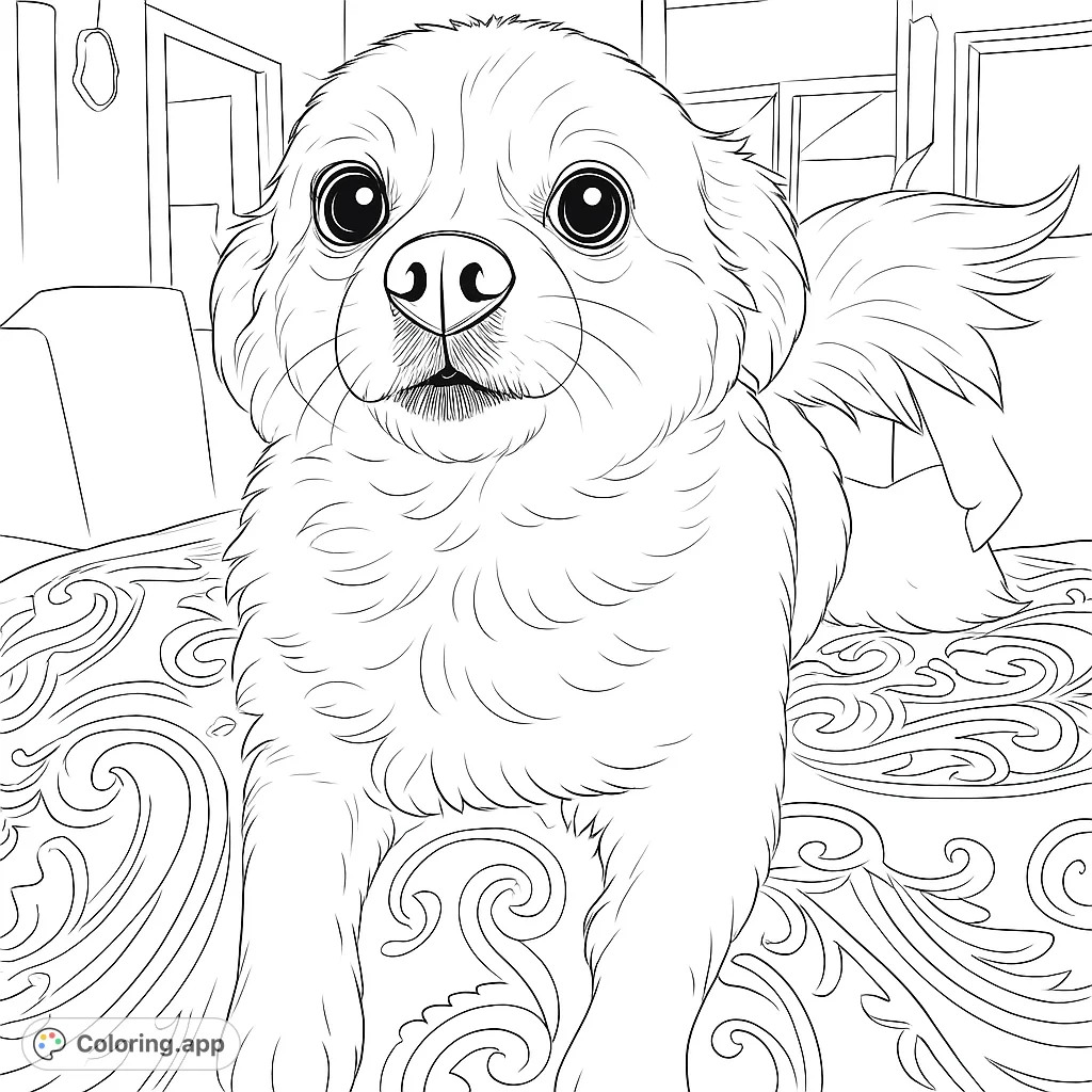 Discover an adorable fluffy dog with expressive eyes, sitting on a beautifully patterned blanket. This sweet canine coloring page is perfect for animal lovers of all ages.