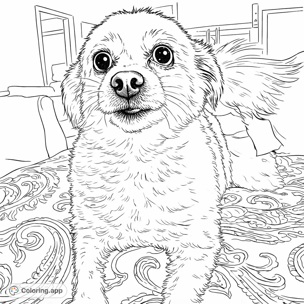 A charming small fluffy dog sits on a patterned blanket, gazing forward with expressive eyes. Perfect for dog lovers of all ages!