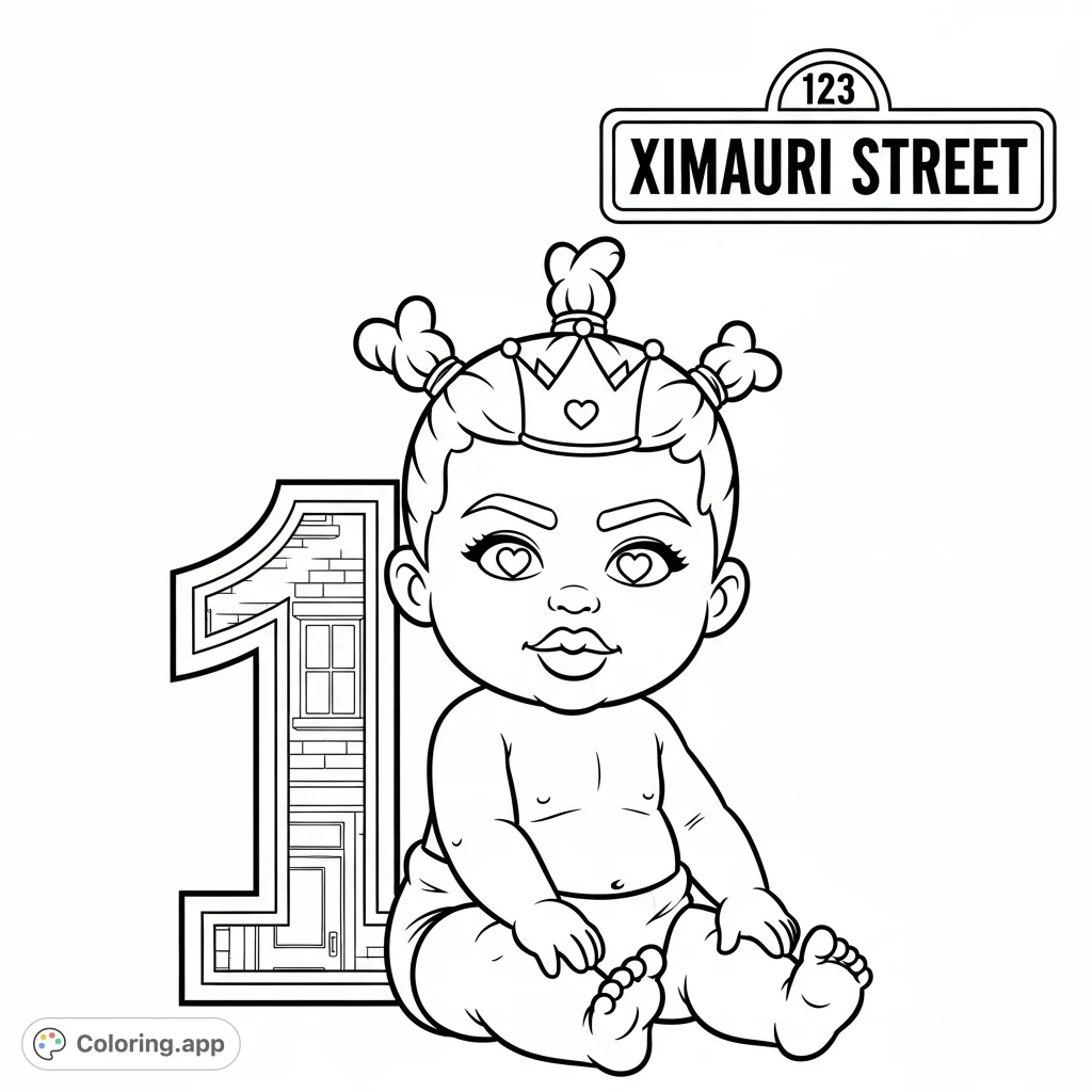 Celebrate a special first birthday with this charming baby boy coloring page, featuring a crowned baby, the number '1', and a unique street sign.