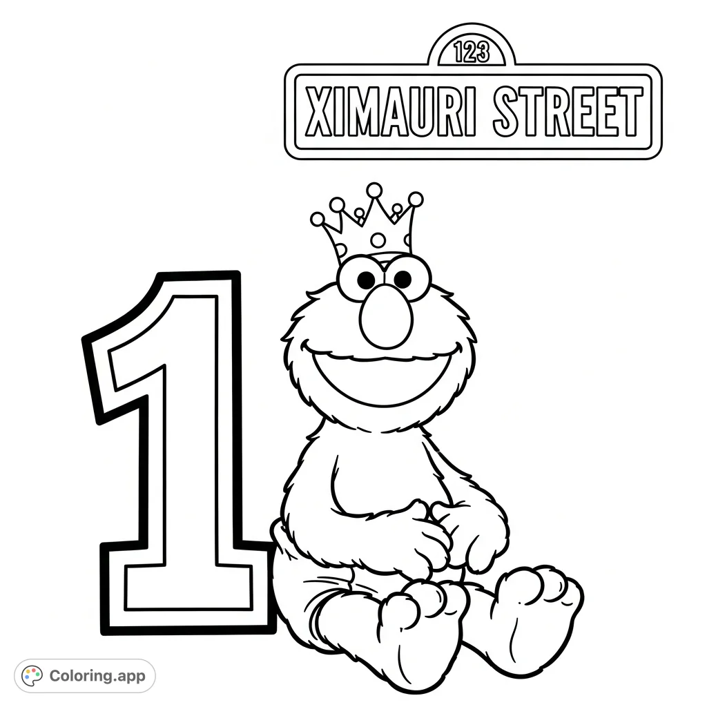 Elmo, wearing a crown and diaper, sits beside a large numeral '1' and a street sign for 'XIMAURI STREET 123'. A delightful Elmo coloring page.