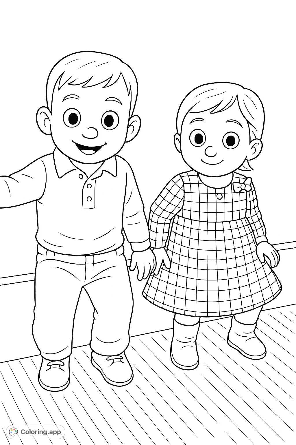 A heartwarming image of a cheerful boy and girl, hand-in-hand, ready for a fun coloring adventure. Features plaid patterns, simple attire, and sweet smiles.