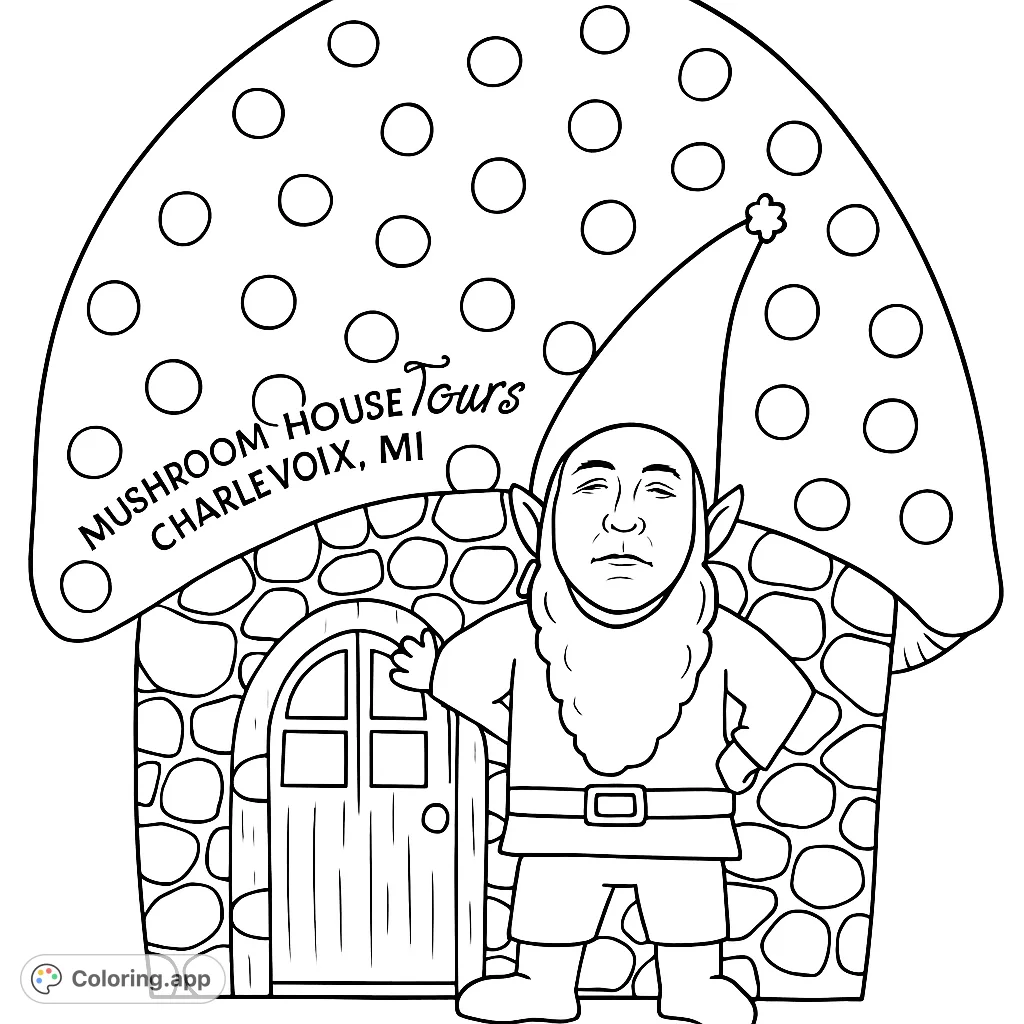 A playful gnome cutout in a spotted mushroom house awaits your creative touch. A delightful fantasy scene for all ages to personalize with vibrant colors.