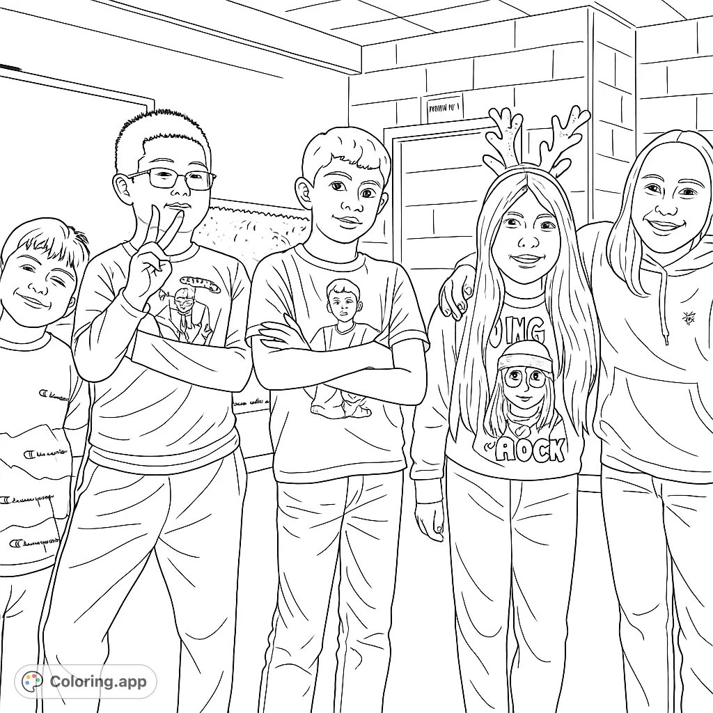 A fun group of five diverse children posing happily, perfect for imaginative coloring. Features unique characters in a classroom setting, inviting creative expression.