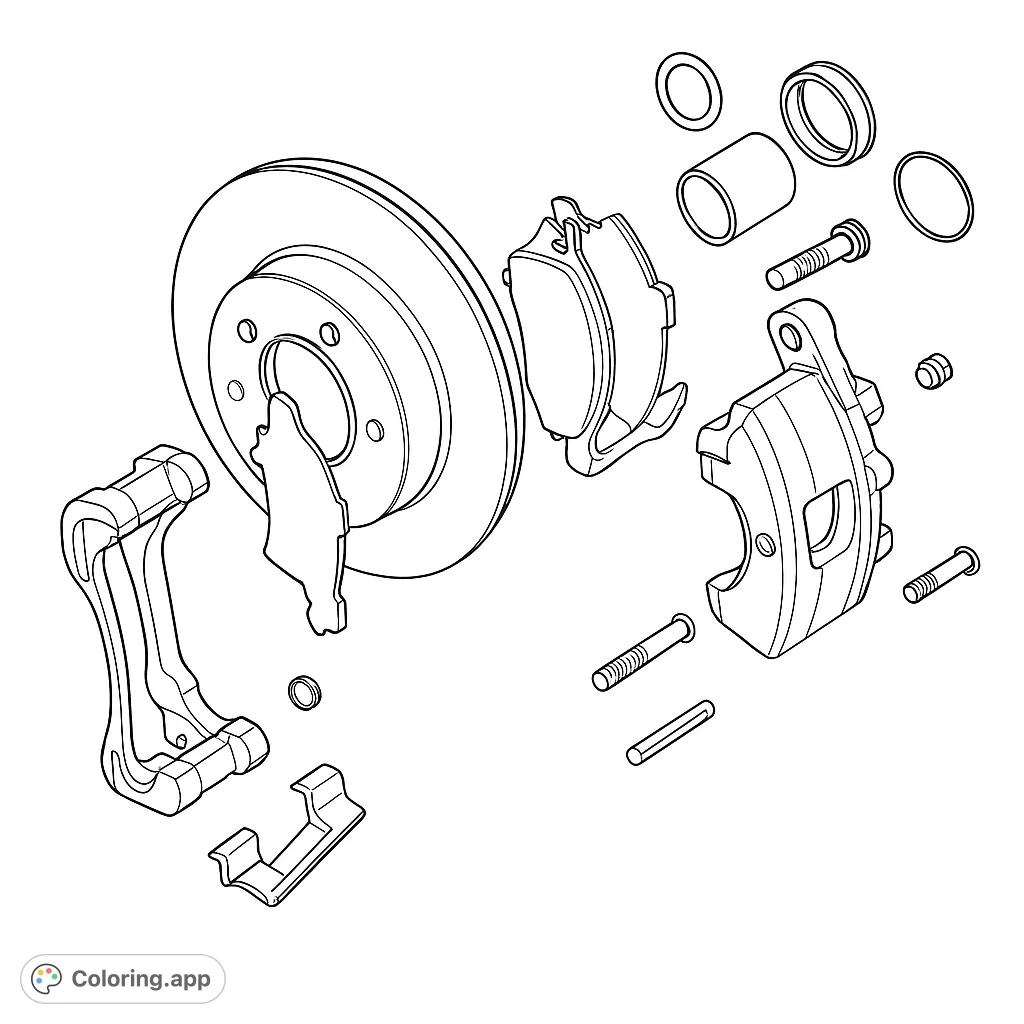 Explore the detailed components of a vehicle's disc brake assembly with this intricate exploded view coloring page, perfect for automotive enthusiasts.