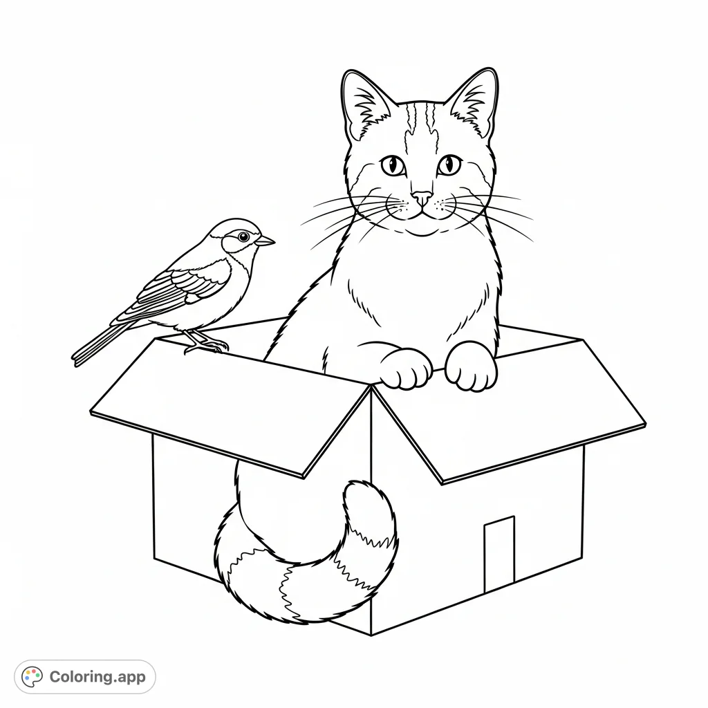 Discover a charming free printable cat coloring page featuring a domestic cat sitting in a box with a friendly bird. Perfect for all ages.