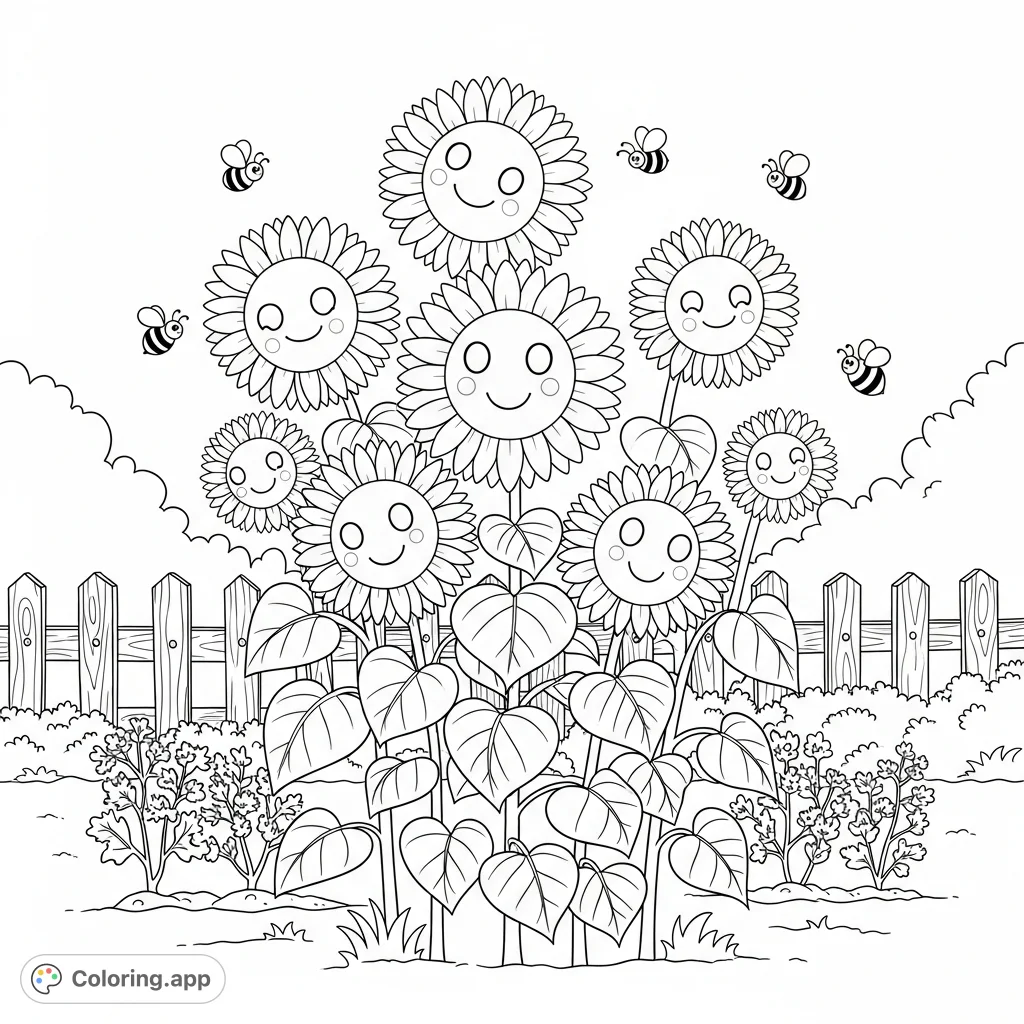 A cheerful garden comes alive with happy sunflowers, each featuring a gentle smile. Bees buzz around tall, leafy stems, creating a serene and joyful nature scene.