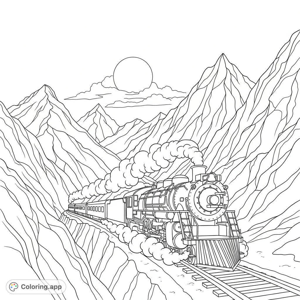 A powerful steam train journeys through a majestic mountain range as a beautiful sunset illuminates the sky. Perfect for train and nature enthusiasts!