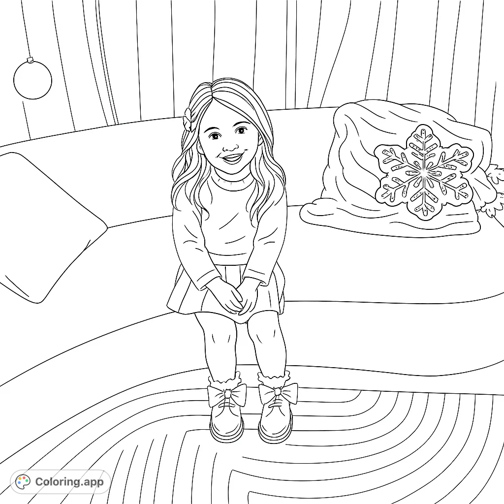 Charming little girl seated on a sofa amidst festive decorations. Features a cozy sweater, pleated skirt, decorative snowflake pillow, and a fluffy blanket.
