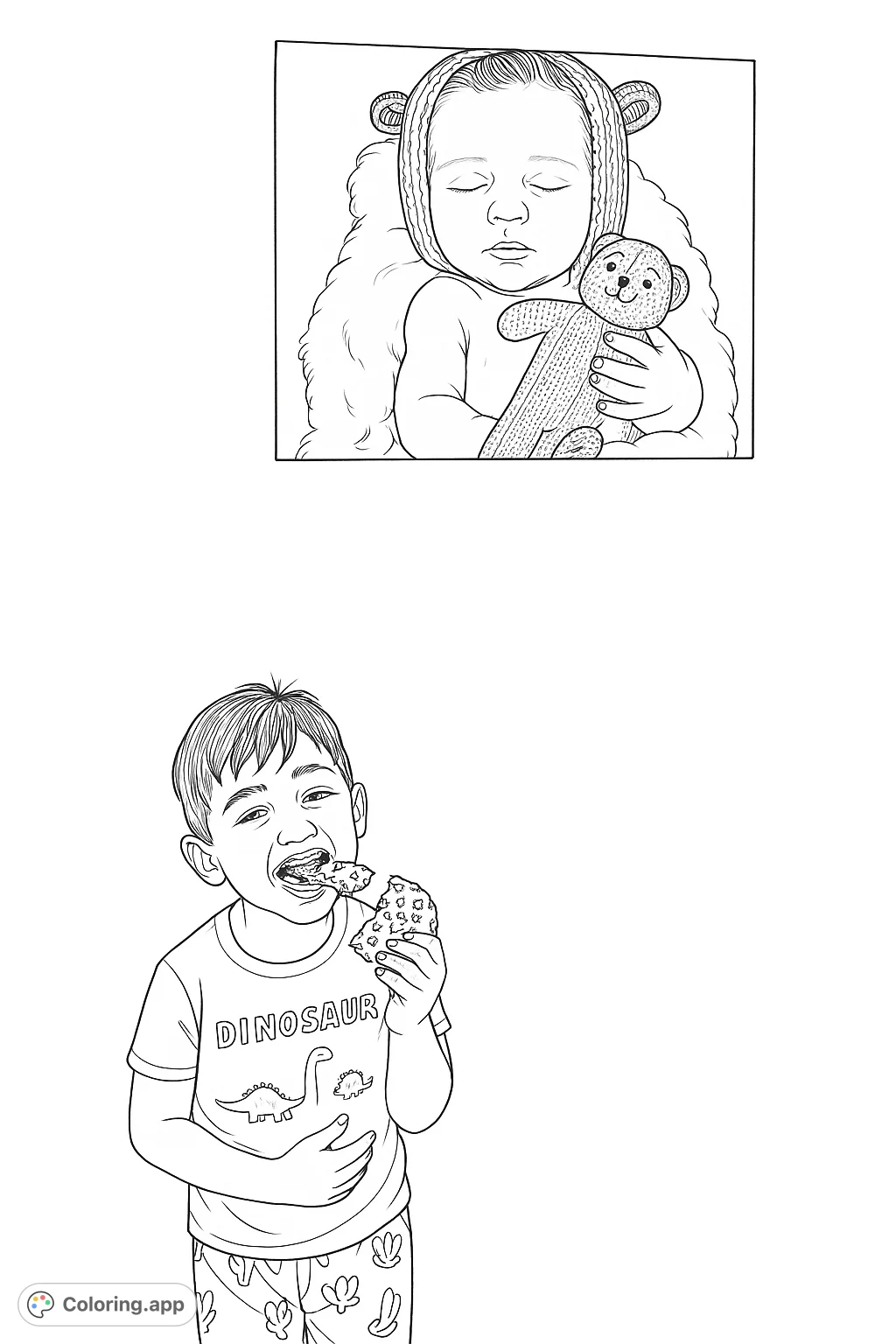 A delightful scene featuring a child enjoying a donut and a framed portrait of a sleeping infant, perfect for capturing family moments and sweet memories.