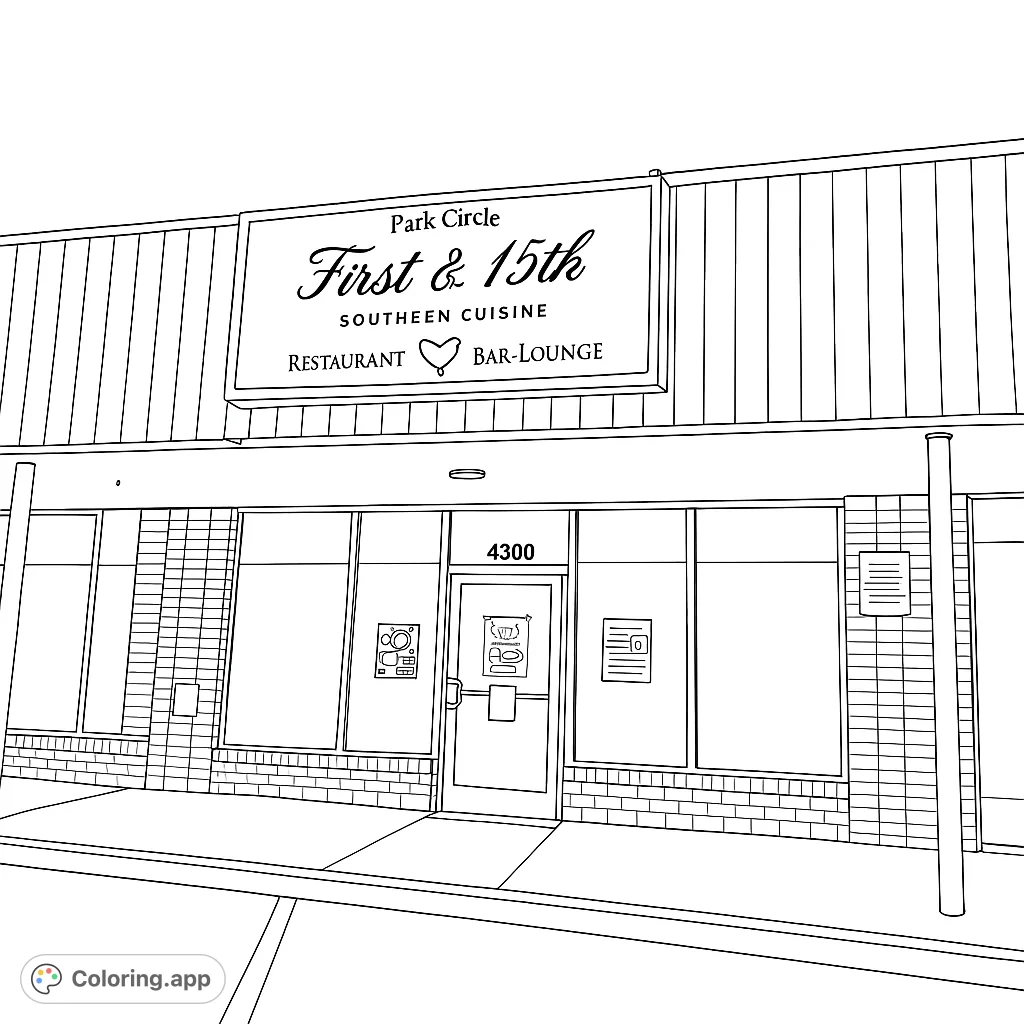 Color this detailed southern cuisine storefront, featuring a prominent sign, textured brick and ribbed facades, and large windows. A charming restaurant scene.