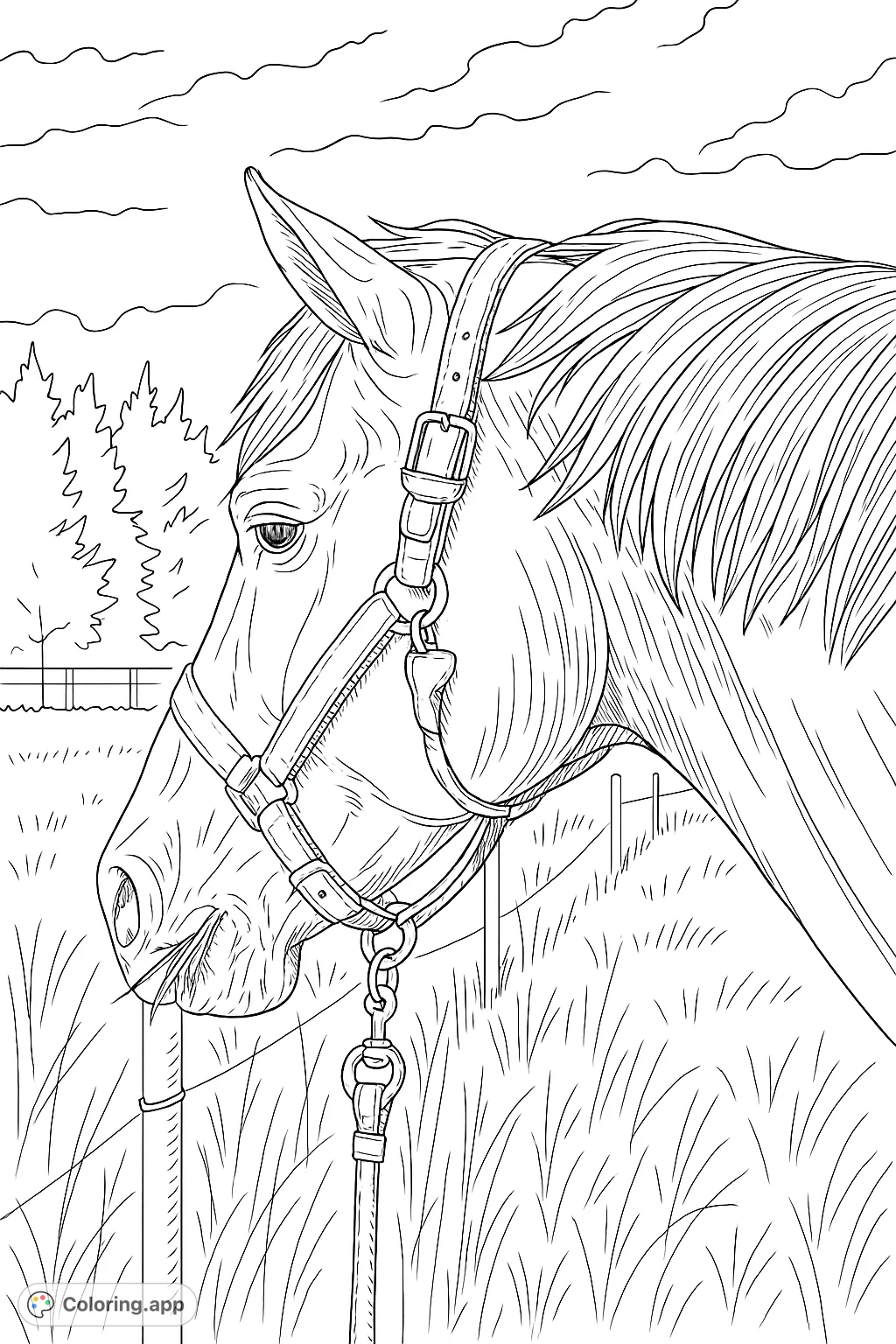 A highly detailed horse coloring page, grazing peacefully in a field, wearing a halter. Perfect for animal lovers of all ages!