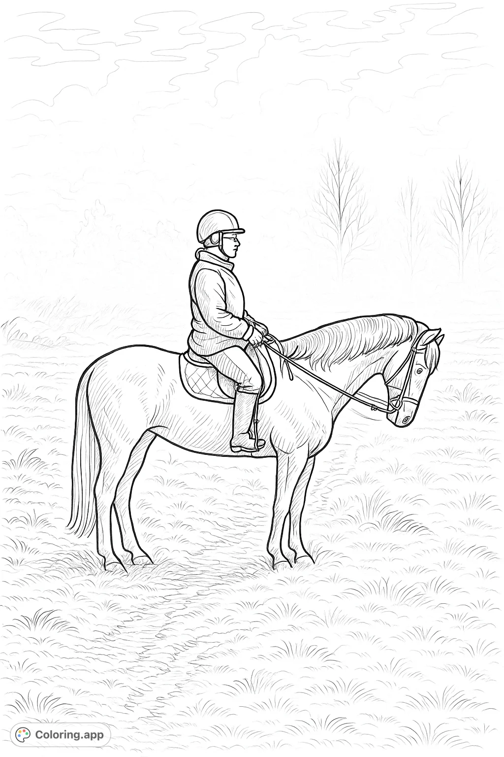 A serene scene featuring a rider on horseback in an open field, perfect as an equestrian coloring page. This free printable coloring page offers intricate details.