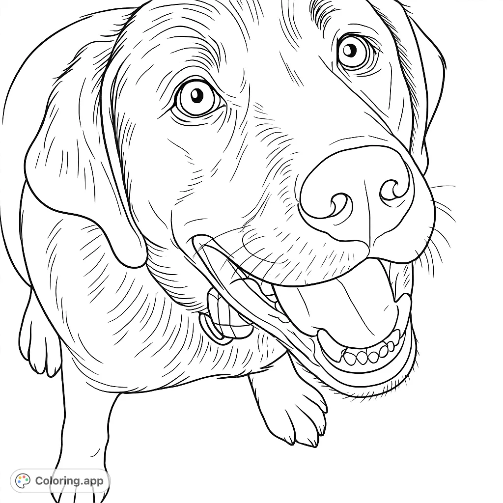 Capture the joyful spirit of a friendly Labrador with this engaging coloring page. Featuring expressive eyes, an open mouth, and textured fur.