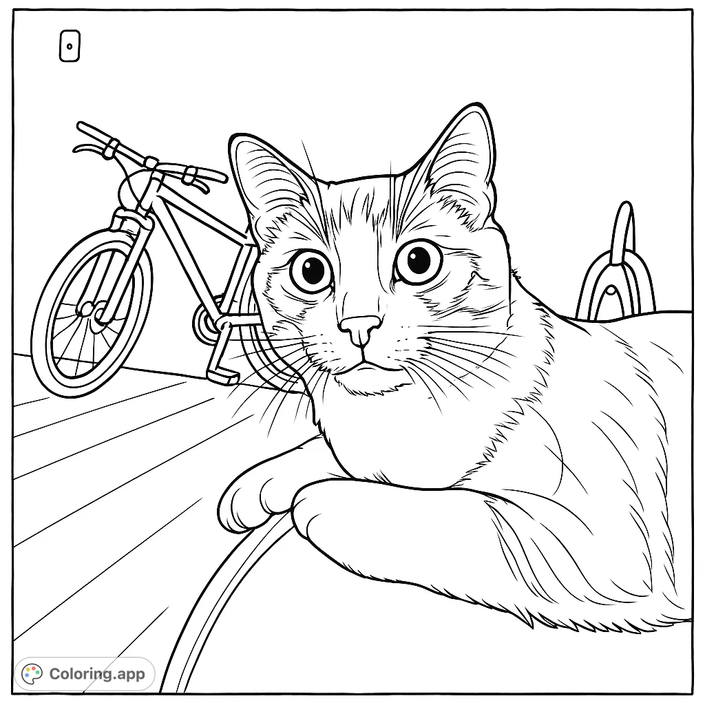 An adorable cat portrait with expressive eyes, resting on a sofa, with a bicycle in the soft background. Perfect for pet lovers of all ages!