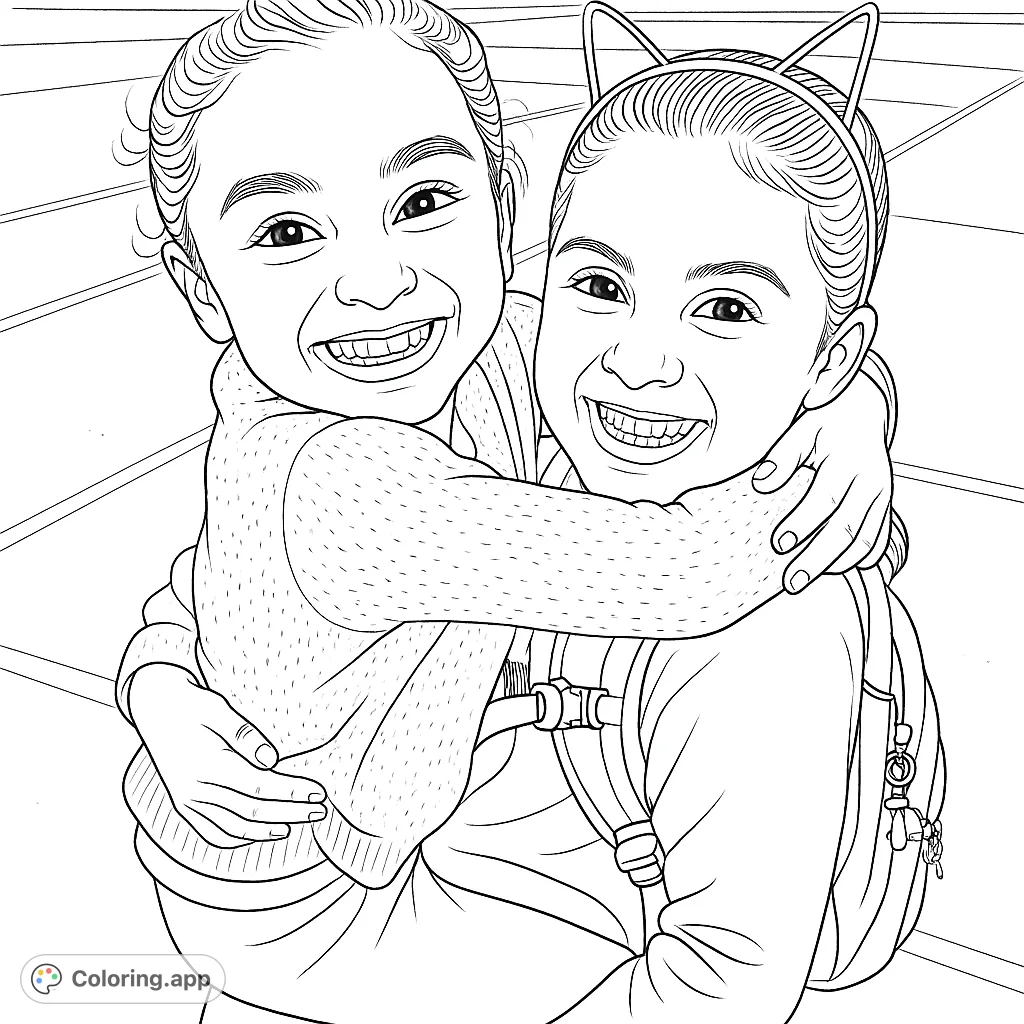 Two smiling girls in a warm embrace, captured in a moment of pure joy. Perfect for coloring, celebrating friendship and happy outdoor play.