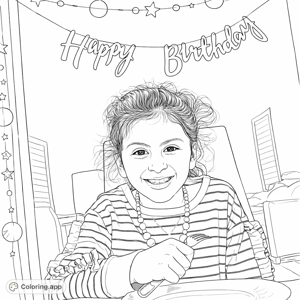 Capture a joyful moment with this birthday girl coloring page. Featuring a smiling child, a festive banner, and decorative shapes, it's a happy celebration waiting for your creative touch.