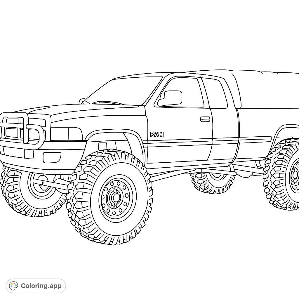 Detailed off-road pickup truck with massive tires and lifted suspension, ready for adventure. A challenging and exciting vehicle coloring page for all ages.
